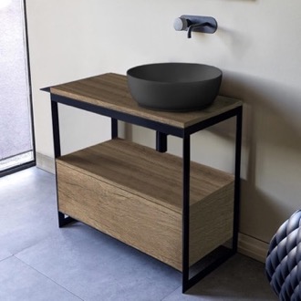 Console Bathroom Vanity Console Sink Vanity With Matte Black Vessel Sink and Natural Brown Oak Drawer, 35